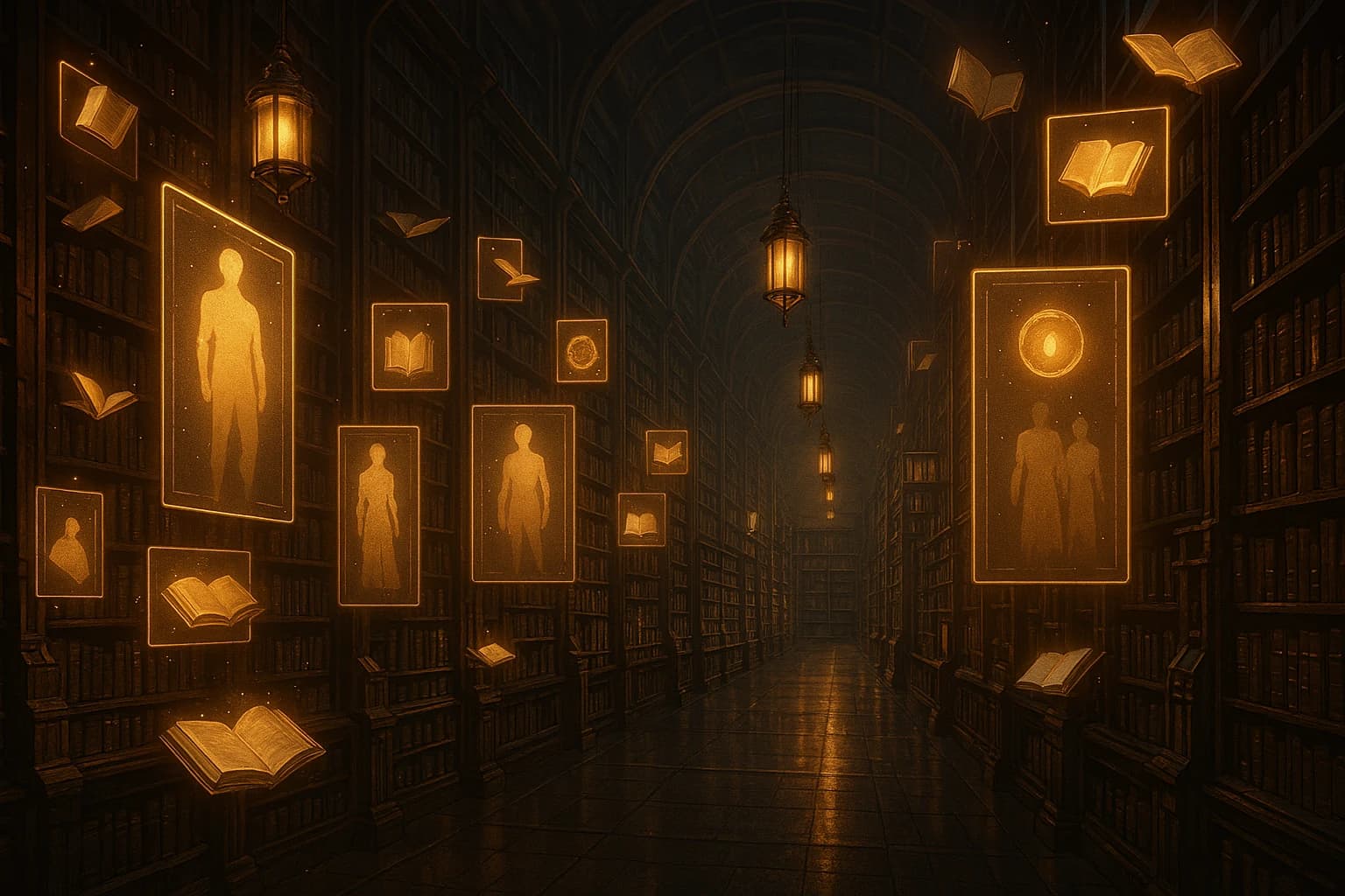 A library hall containing many personas.